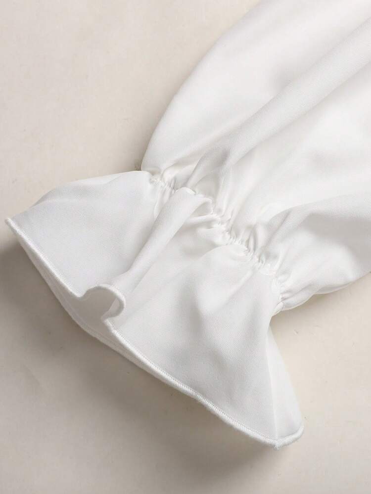 SHEIN 青少年女孩優雅校園簡約風 3D 花朵泡泡袖時尚襯衫 秋冬款 - 白色 - 查看 8