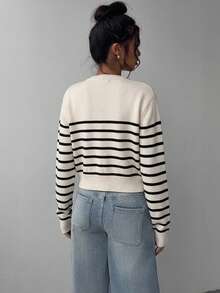 SHEIN BASICS 女款休閒條紋毛衣（米色與黑色），優雅秋/冬，約會、正式、辦公室、工作 - 黑色 - 查看 7