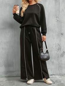 Holdful Holdful 2026 Women's Fashion Comfortable Casual Knit Contrast Color Round Neck Short Sleeve Top + Elastic Waist Wide Leg Slit Long Pants 2 Pieces Set Formal - Black - View 3