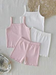 SHEIN 女童春/夏細肩帶背心短褲內衣套裝 2件組 嬰兒粉純色 - 彩色 - 查看 3