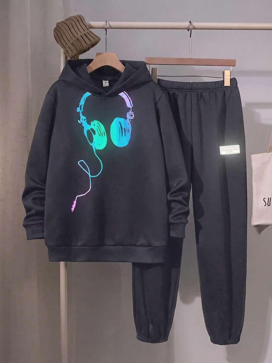 SHEIN Teen Boys Casual Loose Comfortable Colorful Graphic Print Autumn Hoodie & Sweatpants Set With Woven Label Decoration - Dark Grey - View 1