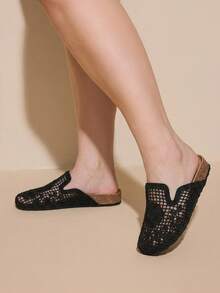 CUCCOO CURVES Women's Woven Breathable Hollow Mules Closed Toe Slippers New Summer Casual Mesh Flats - Black - View 3