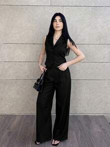 Hitanina 女款優雅黑色商務休閒辦公室夏季通勤對比飾邊背心與長褲套裝，教師穿搭，婚禮賓客禮服，老錢風 - 黑色 - 查看 6