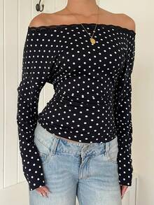 SHEIN EZwear 女款波點露肩休閒百搭日常穿搭上衣 - 黑色 - 查看 5