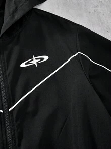 Vacaura American Street Racing Style Hooded Jacket With Contrast Curved Stitching, Zip-Up Hooded Outerwear, Short Loose Fit Snug Fit Versatile Design, Suitable For All Body Types, Full Zip Closure For Flexible Styling, Ideal For Daily Wear, Street Style, Spring/Autumn Single Wear, Early Winter Layering - Black - View 4