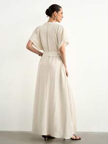 Aalyst Women's Spring/Summer French Style Elegant Luxury Minimalist High-End Design Casual Bohemian Vacation Commute Comfortable Solid Color Linen Blend Fabric Cross Neck V-Neck Dropped Shoulder Cap Sleeve Waist Tie Belt Cinched Waist A-Line Long Dress With Pockets - Apricot - View 3