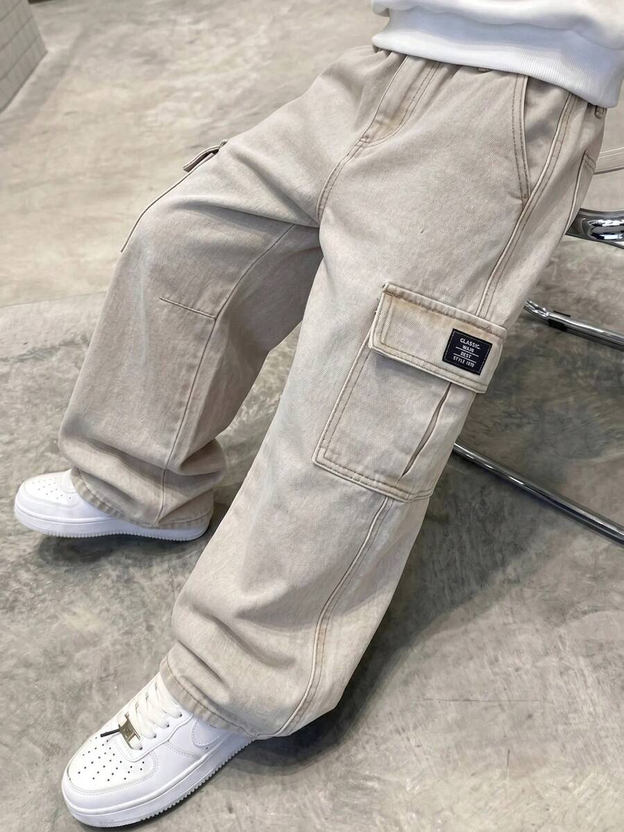 SHEIN Tween Boy Fashion Casual Vintage Y2k Basic Simple Mix And Match Loose Comfortable Straight Leg Jeans For Kids Clothes Boys Soft Dailywear And Kids Summer And Spring Clothes - Khaki - View 1
