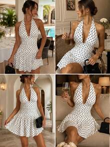 Avenya Vintage Deep V Neck White And Black Polka Dot Halter Neck Sexy Elegant Double Layer Ruffle Women's Mini Dress Waist Cinched Pleated Puff Short Dress - Multicolor - View 5