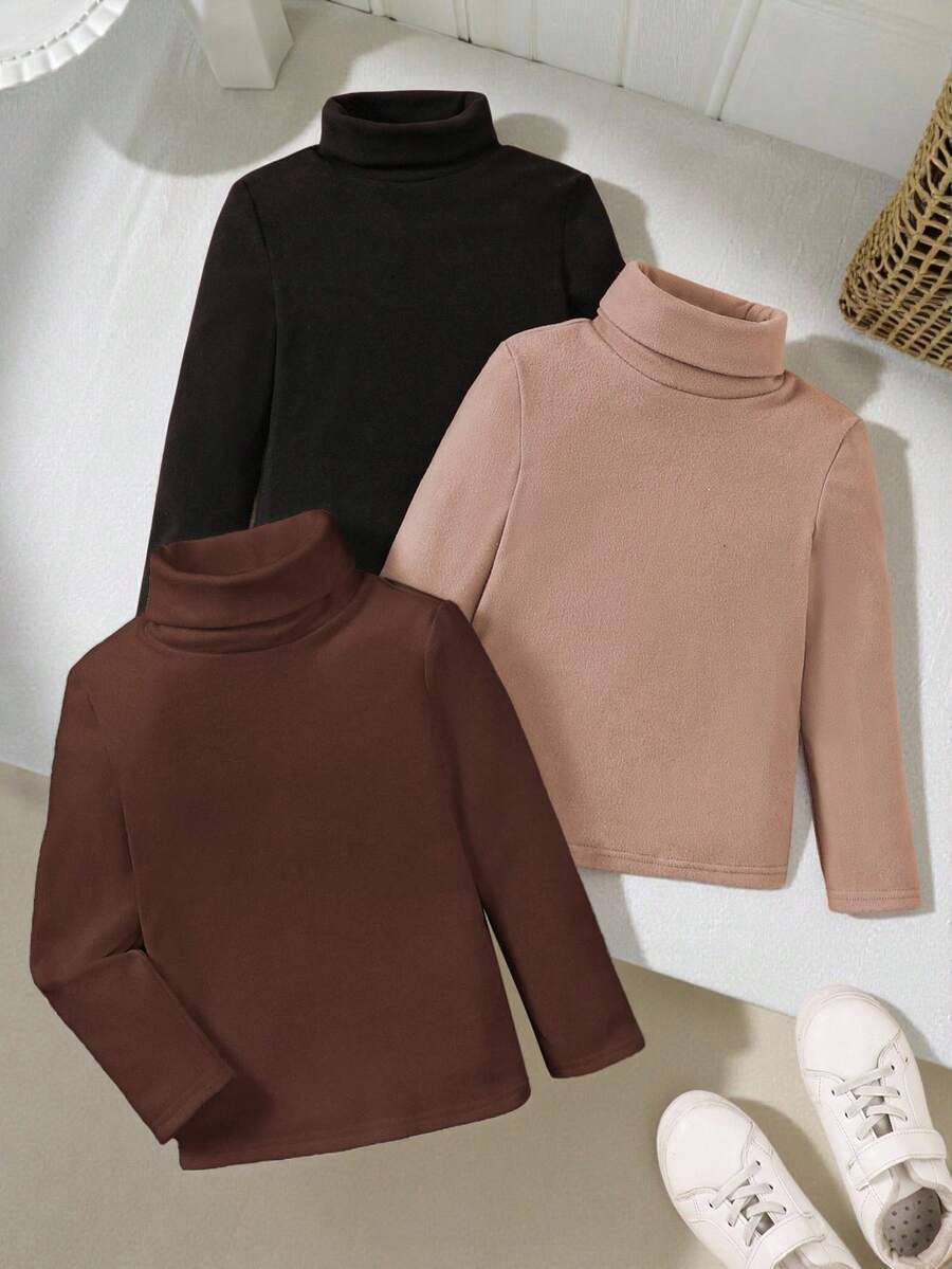 SHEIN 女童高領分層T恤 3件套,適合日常休閒穿著與外出,秋季服飾 - 彩色 - 查看 1