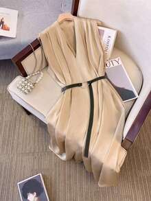 GlowEve CURVE Plus Size Summer New Satin V-Neck Sleeveless Waist Tie Belt Elegant Casual Fashion Commuter Women's Dress - Apricot - View 3