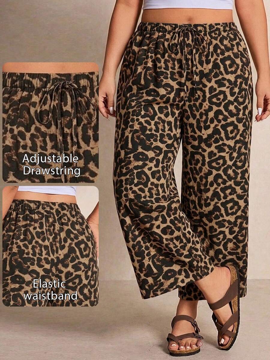 Elaquor Plus Size Women Casual 90s Boho Leopard Print Drawstring Wide Leg Pants Vacation Chocolate Brown Autumn Fall Vacation