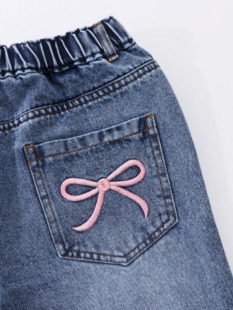 Girls' Wide Leg Denim Jeans, Casual Cute Sweet Vintage Style Light Blue Pink Bow Embroidery, Elastic Waistband, Loose Fit, Soft Fabric, School Summer - Light Wash - View 6