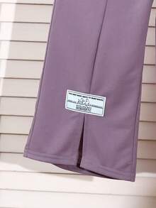 2pcs/Set Setelan Anak Perempuan Kasual Longgar Rajut Leher Bulat Motif Patchwork Kontras Warna Kaos dan Celana Panjang Lebar, Kembali ke Sekolah - Purple - View 5