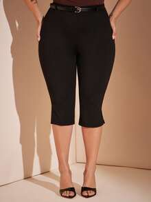 SHEIN BAE CURVE 大尺碼女款緊身 7/8 側開衩腰帶時尚修身街頭風內搭褲 - 黑色 - View 7