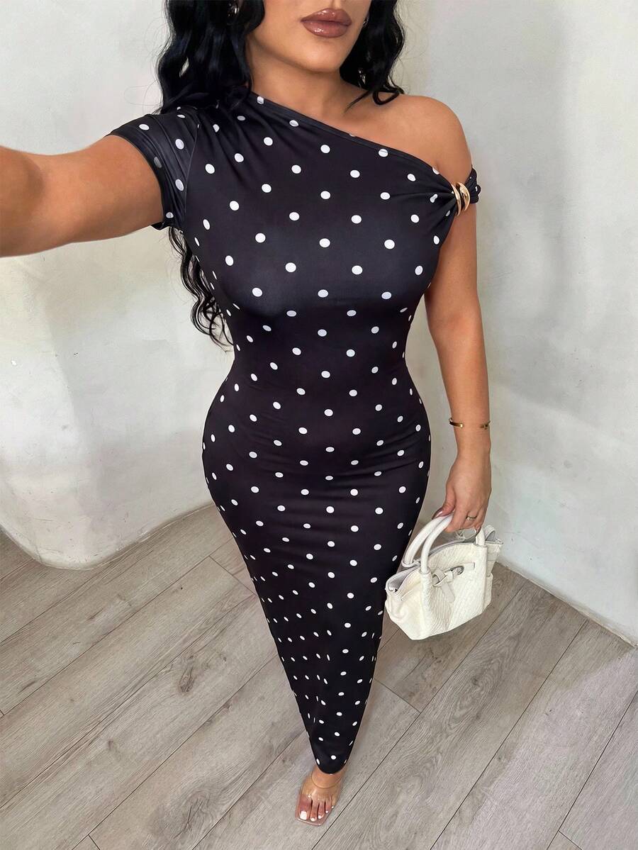 SHEIN SXY 不對稱領圓點印花修身優雅洋裝