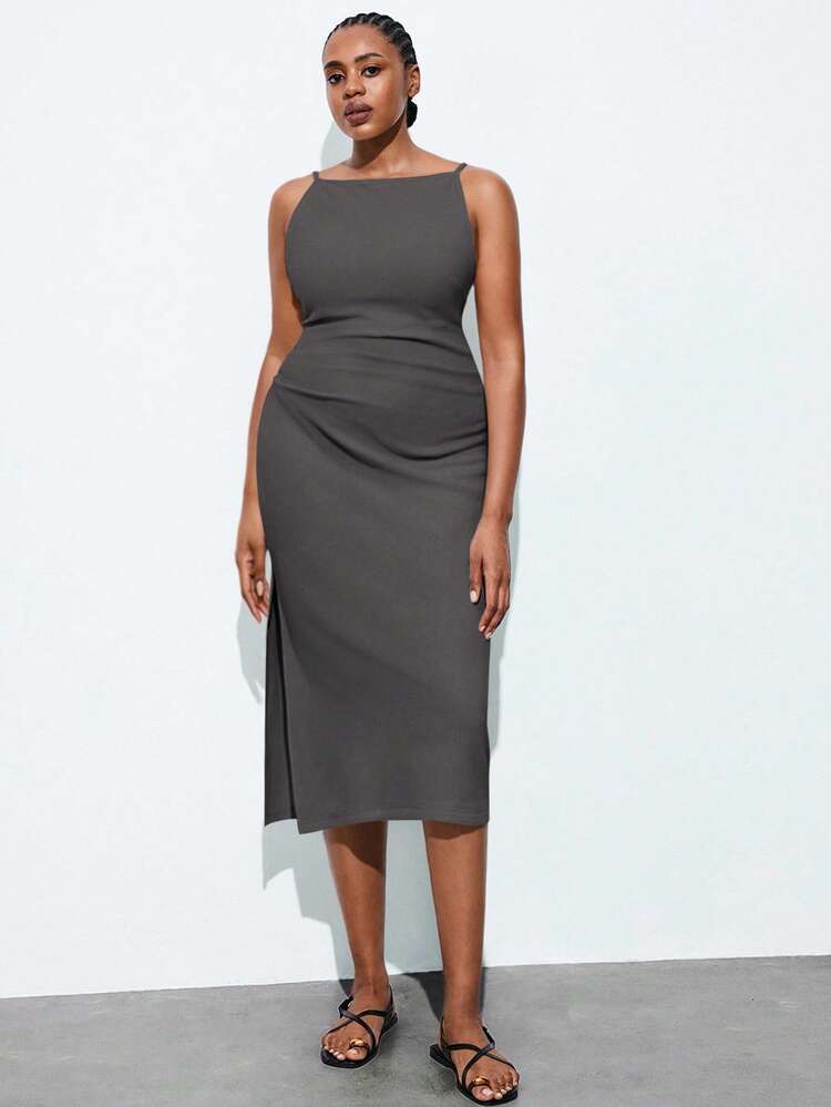 Maija Plus Size Women's Elegant Daily Brunch Work Date Commute Vacation Graduation Music Festival Easter Waist-Cinching Spaghetti Strap Dress Grey Summer - Grey - View 2