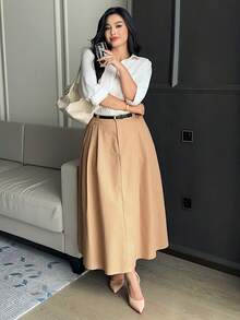 Dazy Plus Solid Color Casual A-Line Mid-Length Skirt, Versatile Fun Commute Elegant Khaki Spring Summer Autumn New Arrival Skirt - Khaki - View 8