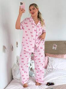 Slumberry CURVE Sweet Ins Bow Print Plus Size Pajama Set - Pink - View 6