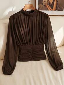 SHEIN Clasi 女款素色百褶休閒百搭日常穿著襯衫 - 咖啡棕 - 查看 5
