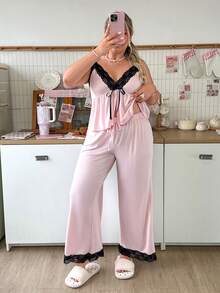 Slumberry CURVE Set Piyama Rajut Pink Ukuran Plus dengan Motif Blok Warna dan Patchwork Renda yang Nyaman dan Melangsingkan INS - Berwarna merah muda - View 5
