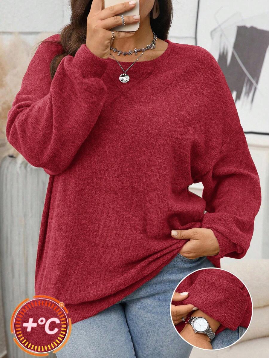 EMERY ROSE Plus Size Minimalist Solid Color Crew Neck Long Sleeve Everyday Versatile Sweatshirt Club Date Night Office Burgundy Autumn Winter - Red - View 1