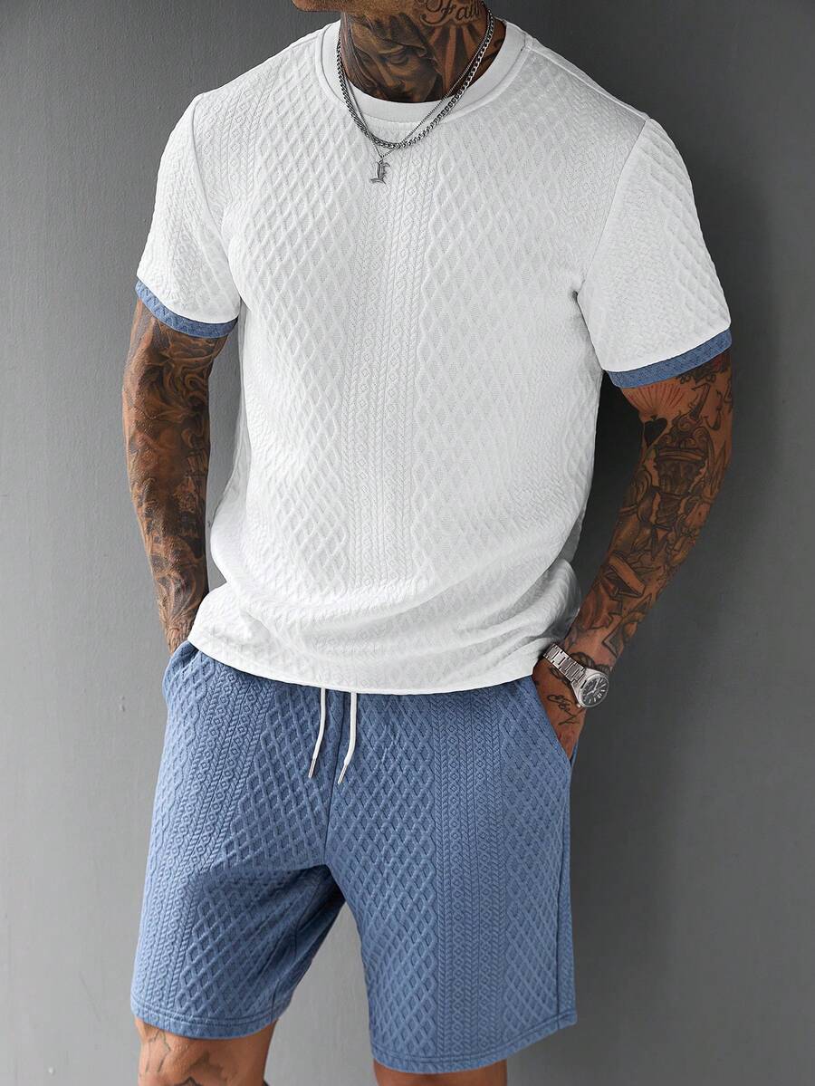 Manfinity CasualCool 男士幾何菱形提花針織短袖T恤與短褲套裝,男士拼色T恤套裝,休閒日常穿著 - 彩色 - 查看 1