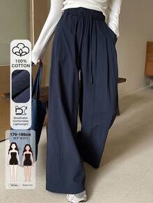 Dazy Tall Celana Panjang Kasual Wanita dengan Pinggang Elastis, Longgar, dan Lebar untuk Musim Gugur - Navy Blue - View 1