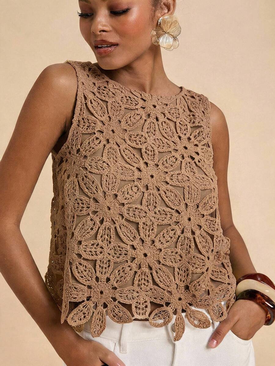 Travachic Women's Solid Color Casual Boho Versatile Daily Wear Tea Party Vacation Top Brown Floral Summer - Khaki - View 1