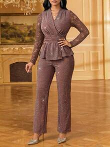 SHEIN Lady Women's Brown Glitter Metallic Lace Sheer Long Sleeve V Neck Peplum Top Wide Leg Pants Elegant Matching 2 Pieces Set Sparkly Party Evening Cocktail - Brown - View 3