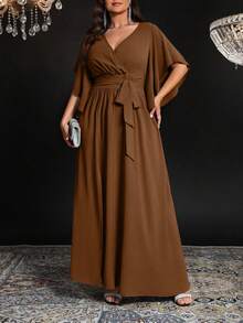 Auvina Plus Size Women's Solid Color Fitted V-Neck Flare Sleeve Tie Waist Ruched Slit Elegant Party Maxi Dress - Brown - View 3