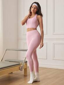 Eassivo Eassivo Women's Backless Halter Top & Leggings Sports Set - Dusty Pink - View 5