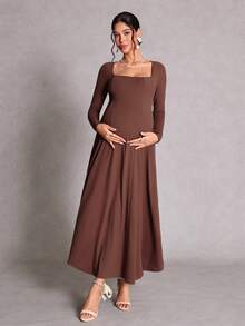 SHEIN Maternity Solid Color Square Neck Long Sleeve Elegant Dress Photoshoot Business Casual Outfit Daily Commute Old Money Style Work Brown Autumn Fall - Coffee Brown - View 7