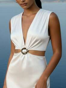 CAJUNI Women's Solid Color Deep V-Neck Cutout Waist Sexy Fashion Sleeveless Dress,White Dresses For Women - White - View 5