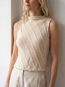 Sprig & Strand Women's Solid Color Diagonal Ribbed Knit Mock Neck Slim Fit Flattering Vintage Minimalist Elegant Soft Sexy Style Top Office Brunch Cream White Summer - Apricot - View 5
