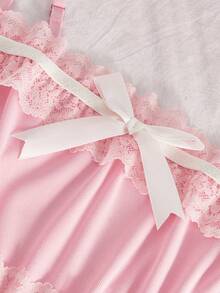 SweetSlumber Sweet Romantic Contrast Color Lace Bow Patchwork Ruched Comfortable Jacquard Knit 2pcs Women's Pajama Top - Pink - View 3
