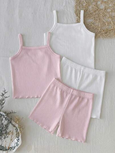 SHEIN LMoss Kids Young Girls Spring/Summer Camisole Tank Top Shorts Solid Color Baby Pink Camisole Tank Top Shorts Underwear Set 2pcs -Piece Set