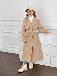 SHEIN Tween女孩編織雙排扣翻領寬鬆長版風衣，休閒學院風，通勤街頭穿搭，返校假期穿搭，卡其色，秋季 - 卡其色 - 查看 8