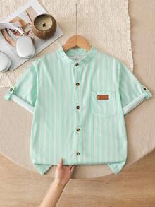 Kemeja Lengan Pendek Anak Laki-Laki Remaja Bergaya Minimalis dengan Label Tempel, Kain Nyaman, Pas Badan, Gaya Baru Musim Semi/Panas, Cocok untuk Berbagai Musim dan Acara - Mint Green - View 7