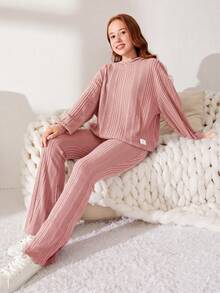 SHEIN Teen Girl Woven Label Knitted Fuzzy Ribbed Hoodie Autumn Top And Flared Long Pants Casual 2 Pieces Set - Pink - View 7