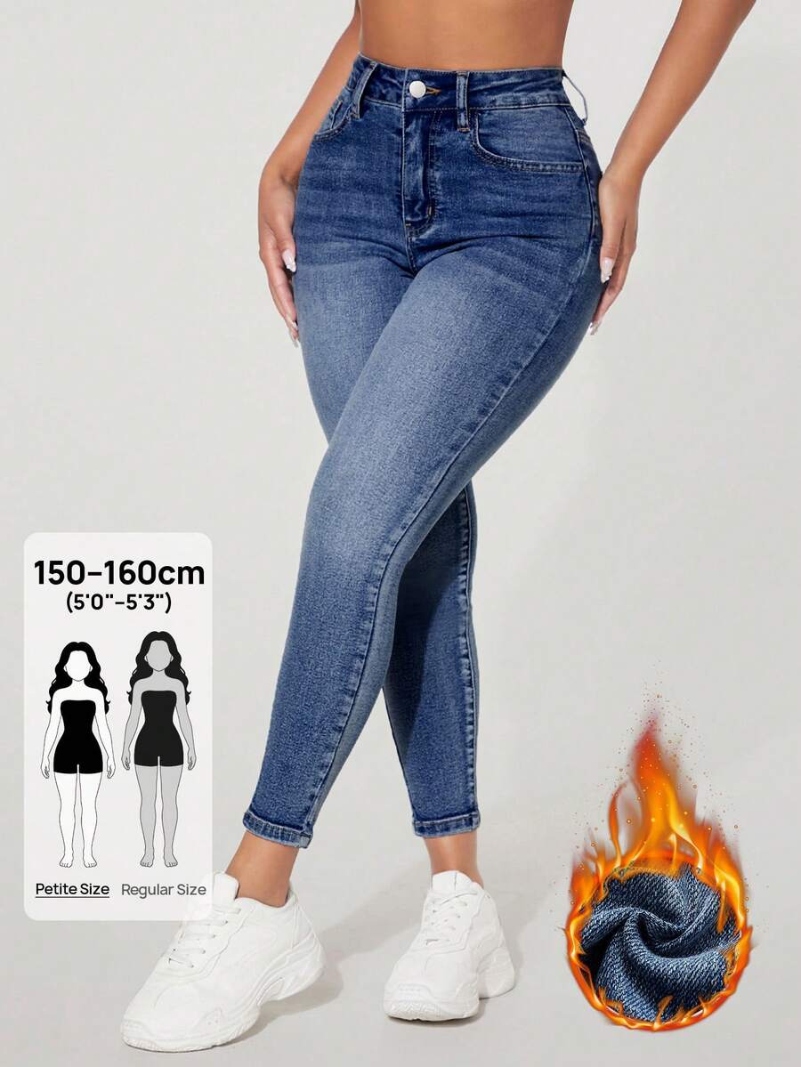 SHEIN PETITE 高腰鈕扣裝飾修身彈性破洞Y2K牛仔褲,內層保暖加厚牛仔褲,附口袋,秋冬加厚丹寧,適合嬌小女性 - 藍色 - 查看 1