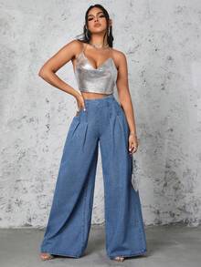 Selenza Petite 女款高腰寬腿鬆垮休閒優雅百搭牛仔褲，淺藍色，適合早午餐、夏季、小個子女性 - 藍色 - 查看 8