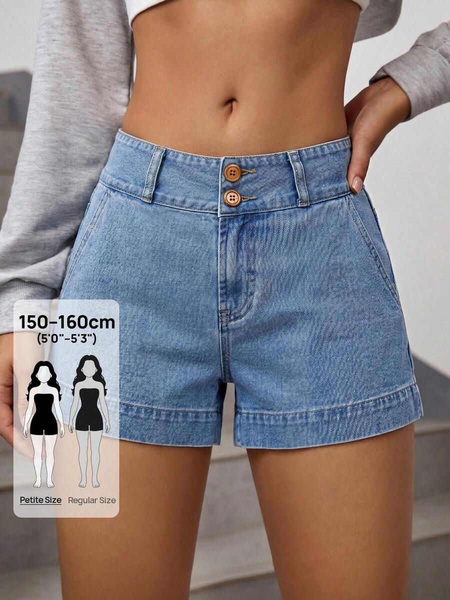 SHEIN PETITE 女款高腰口袋休閒百搭牛仔短褲,淺藍色夏季日常穿搭,適合嬌小女性 - 藍色 - 查看 1
