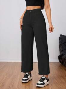 SHEIN Tall 女款休閒純色斜口袋直筒牛仔褲，適合高個女性 - 黑色 - 查看 3