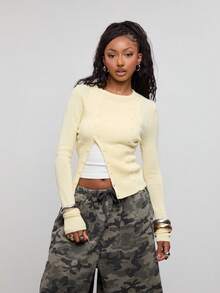 COUREZ Asymmetric Fitted Cardigan /Y2K Autumn Outfit For Women Fall Tops Fall Clothes Yellow Top Going Out Outfits Cute Tops Going Out Tops - Beige - View 1