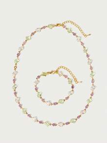Glisma 18k Gold-Plated Geometric Gemstone Small Fresh Chain Necklace Bracelet (Chain Randomly Cut) - Multicolor - View 2