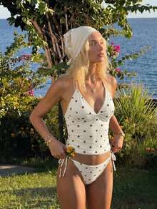 Swim Mod Conjunto de Bikini de Tirantes con Estampado de Cuadros y Cerezas Dulces de Verano - Amarillo claro - Ver 9