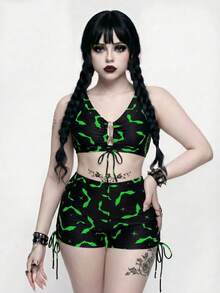ROMWE Goth 大尺碼女款夏季海灘拼接色百褶性感比基尼泳衣兩件套（比基尼上衣與泳褲） - 彩色 - 查看 4