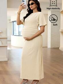 MaterniWear Maternity Solid Color Round Neck Short Sleeve Ruched Fitted Dress Photoshoot Summer - Apricot - View 9