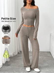 SHEIN PETITE Women's Striped Long Sleeve T-Shirt And Pants Casual 2 Pieces Set - Brown - View 11