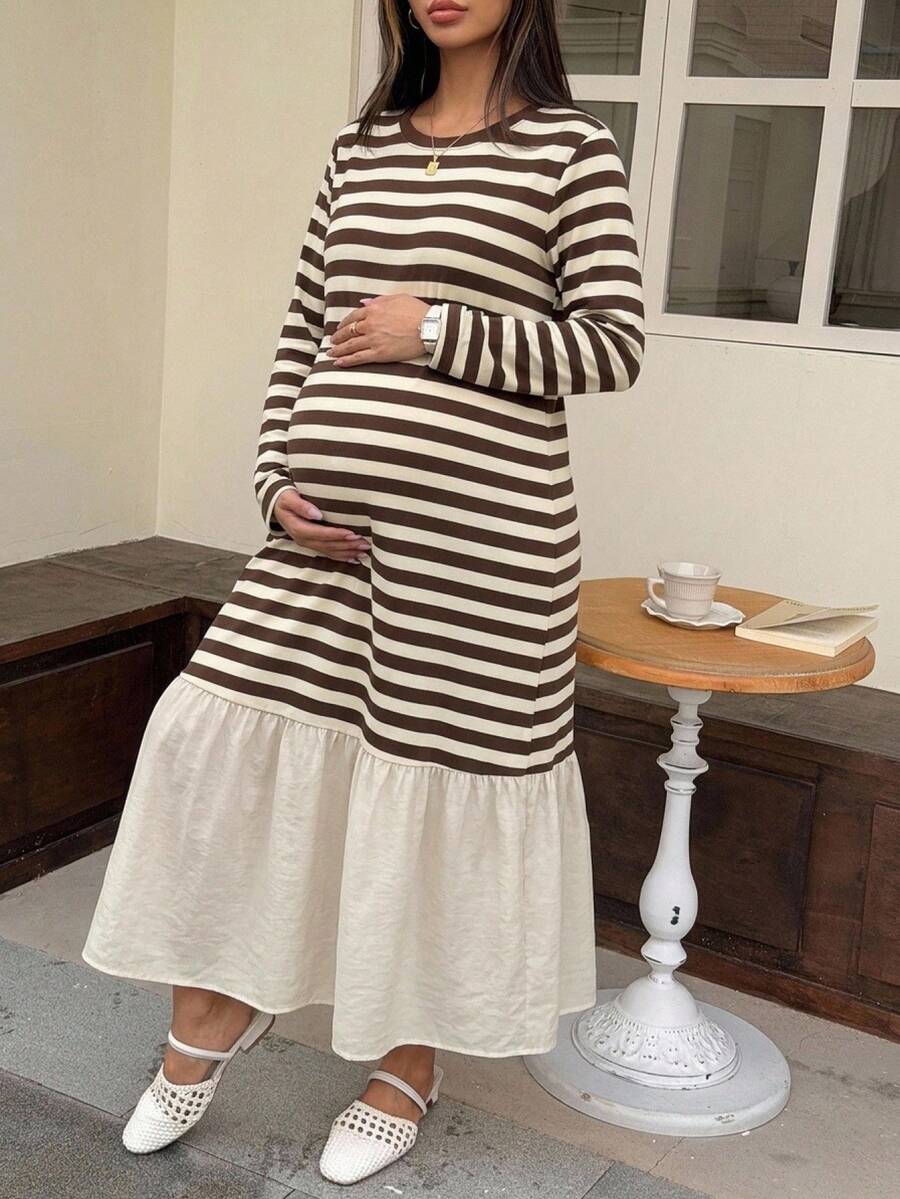 DAZY Contrast Color Patchwork Round Neck Casual Loose Short Sleeve Long Maternity Dress For Spring And Summer - Navy Blue - View 1